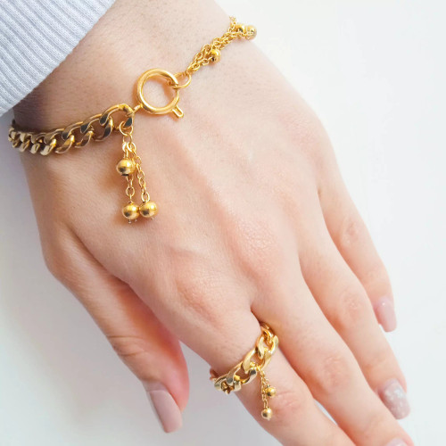 ست دستبند توپی و انگشتر کارتیر توپی استیل رنگ ثابت کد ۱۳۱۵