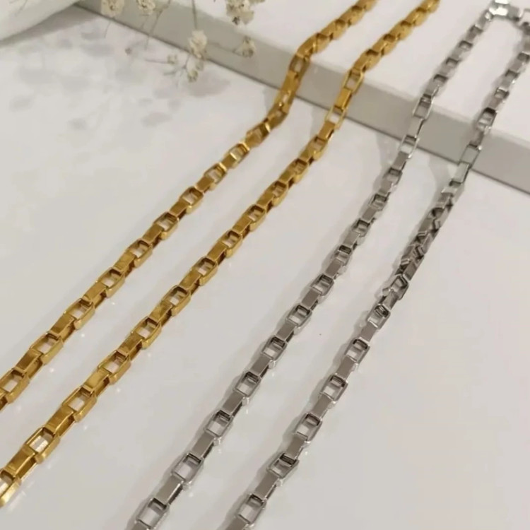 گردنبند مردانه زنجیری آجری نقره ای و طلایی 60 سانتی درشت استیل رنگ ثابت